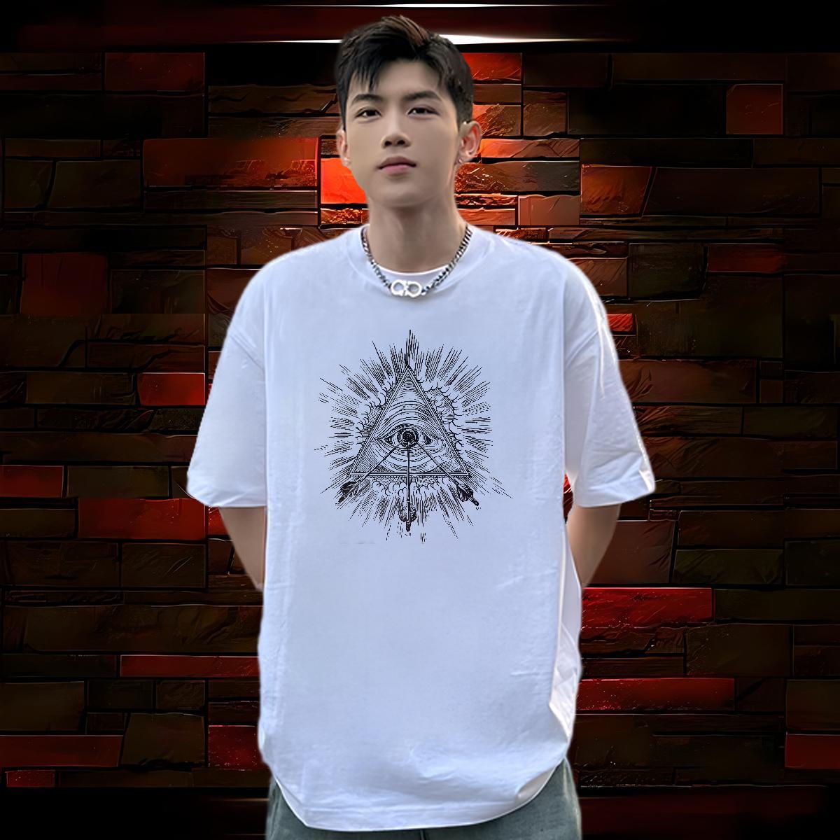 TOP Quality T shirt 230g Pure Cotton eye of the devil Casual DIY Logo Oversized Breathable Crew Neck Men Clothes T-Shirt New Arrival Tops