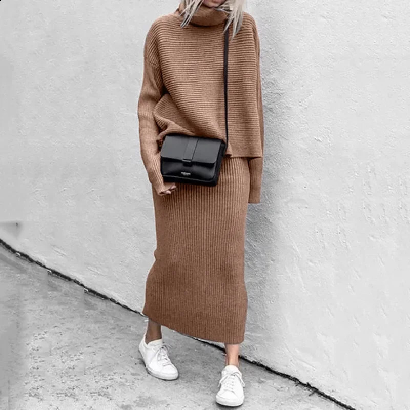 Two Piece Skirt Sets Knit Sweaters Spliced Full Sleeve Turtleneck Long Skirts Suits A Line Matching Set Solid Loose Fit Sports 240823