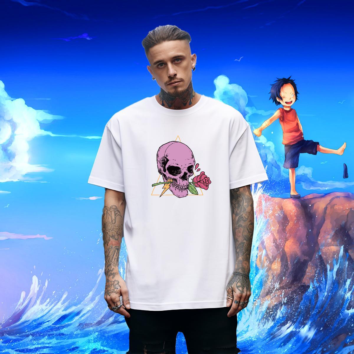 Loose Fit T Shirts Men 100% Cotton 230g skull Casual Graphic Round Neck Short Sleeve Men Clothes T-Shirt DIY Tees Shirts