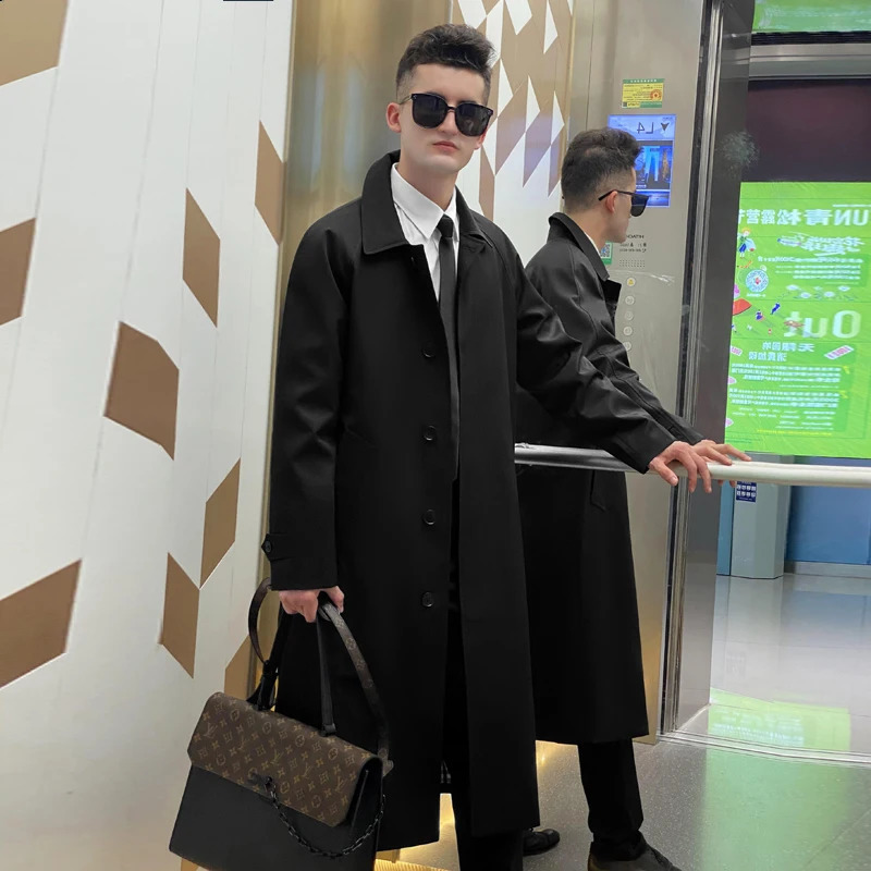mens windbreaker single breasted long length classic turn down spring and autumn fashion thick trench coat men 240822
