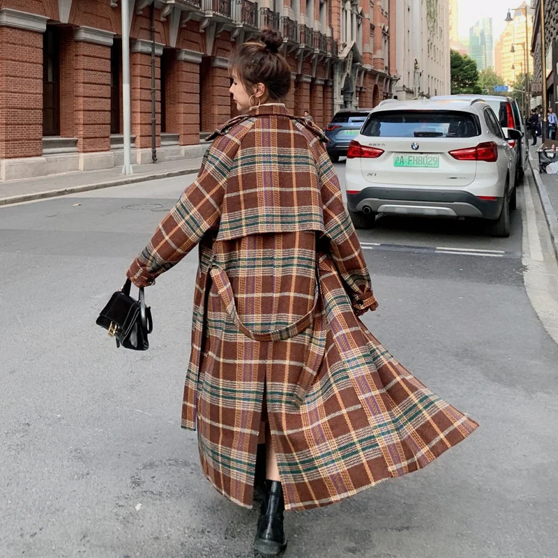 Autumn And Winter Temperament Retro Simple Medium And Long Loose Plaid Belt All-match Woolen Coat Womens Trend 240822