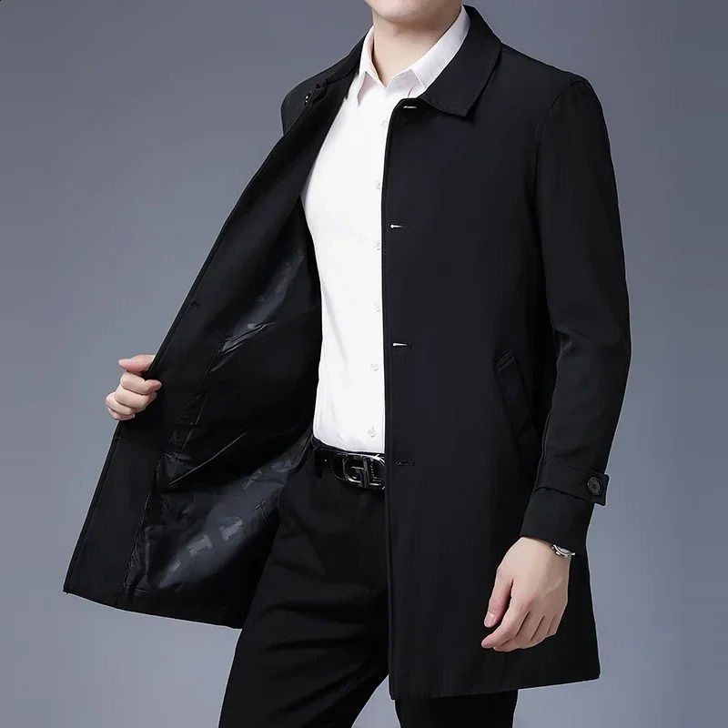 Mens Spring Jacket Arrival Mens Business Casual Black Khaki Long Jacket Top Quality Single Breasted Solid Trench Coat 240822