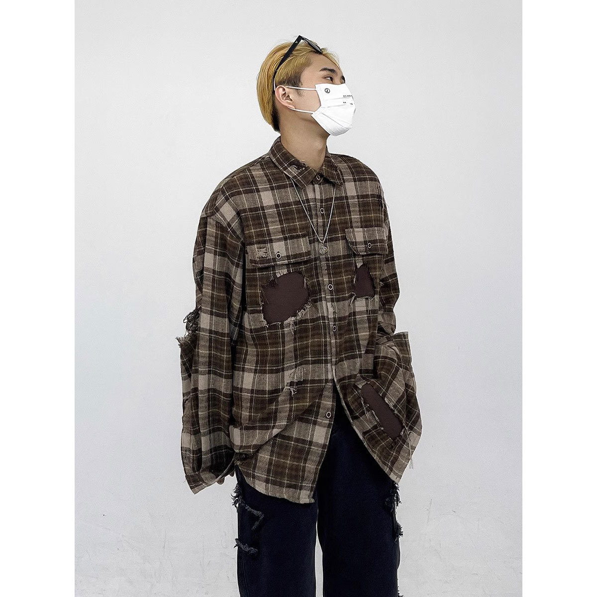 American Plaid Shirt Mens Spring and Autumn New China-chic Design Patch Hole Shirt Coat