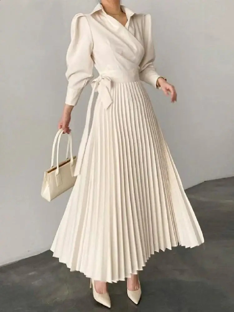 Onecozyday Women Midi Dress Autumn Laple Collar Puff Sleeves High Waisted Pleated Dresses Elegant Evening Party Dress 240822