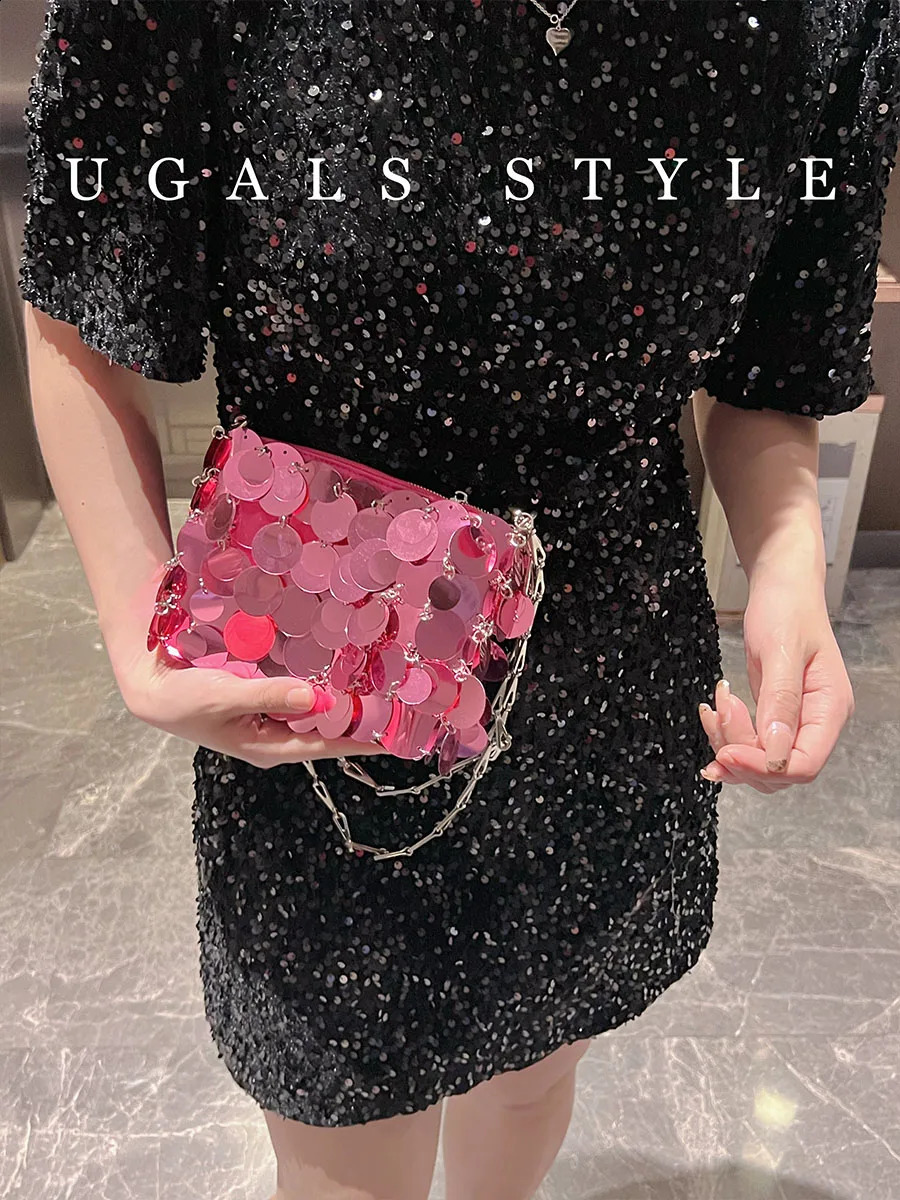 Silver Gold Sequins Chain Woven Bag Women Hollow Evening Bags Clutch Wedding Shoulder Crossbody Bag 240823