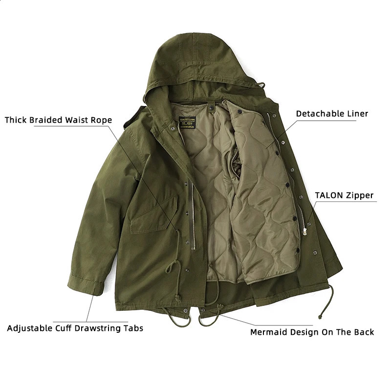 Amekaji Vintage M51 Parka Jacket Men Winter Multi-pocket Hooded Liner Detachable Long Fishtail Trench Coat Cotton Padded Jacket 240822