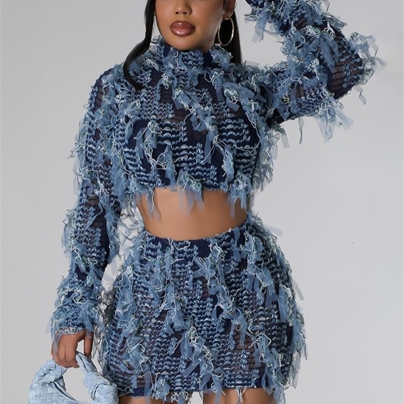 Weird Puss See Through Patchwork Women 2 Piece Set Elastic Tassel Thin Crop TopsSkinny Skirts Matching Midnight Party Clubwear 240822
