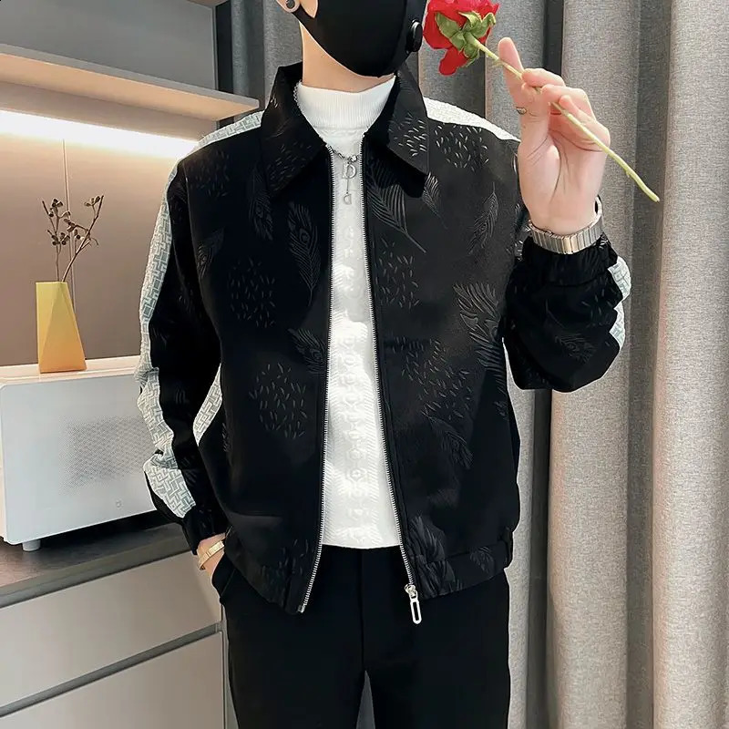 Trendy Mens Spring and Autumn Spliced Turn-down Collar Zipper Pocket Fashion Solid Loose Casual Long Sleeve Jackets 240822
