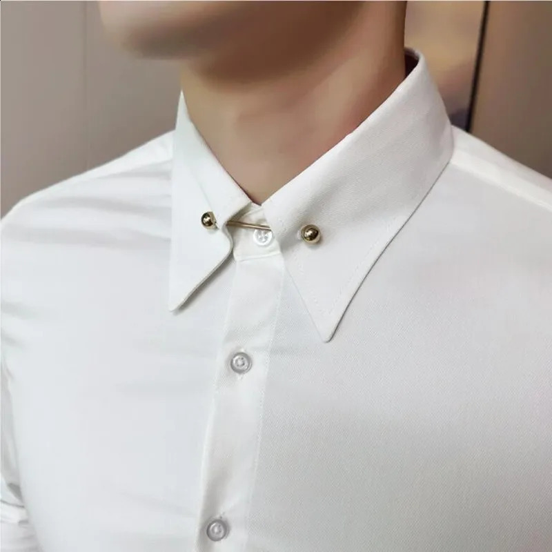 Mens Large Pointed Neck Lapel Shirt Solid Slim Fit Long Sleeved Business Shirt Formal Office Social Party Dress Tops 240822