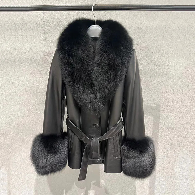 Genuine Leather Winter Jacket For Women With Real Fox Fur Collar And Cuffs