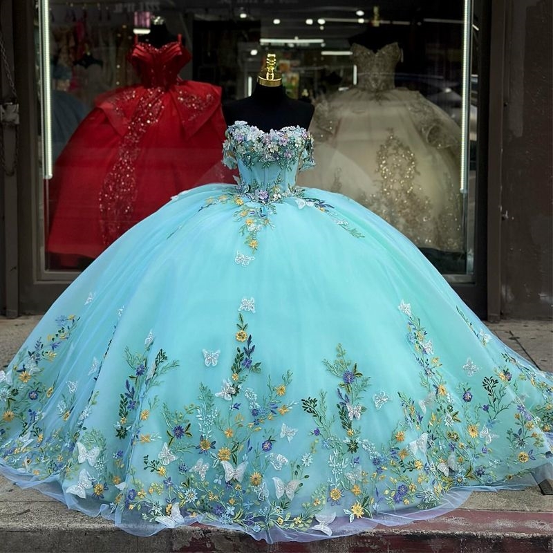 Aqua Blue Shiny Quinceanera Dresses Off the Shoulder Ball Gown Applique Bow Beads Crystal ral Girls Birthday Party Vestido15 vx Anos Sweet 16