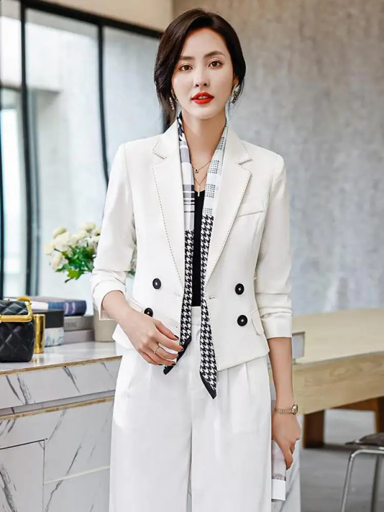 Autumn highquality office womens long pants set solid work clothes jacket and wide leg Trouser 2piece 240823