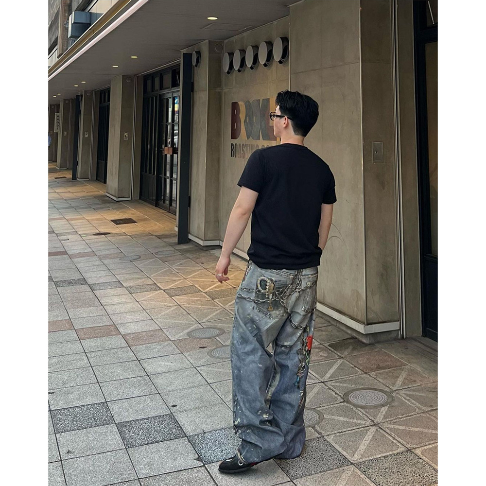 New Ac Style 3d Printed Pants Chain American Street Jeans Mens Vintage Straight Leg Long Pants