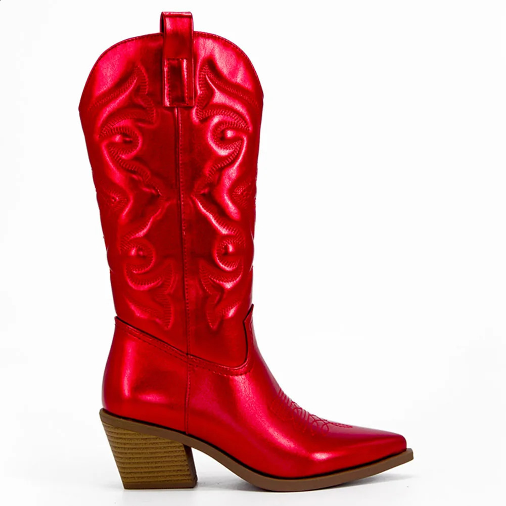 Silver metal denim boots for women Pointed Toe wide calf western boots zipper embroidery stacked high heels wedding spring shoes 240823
