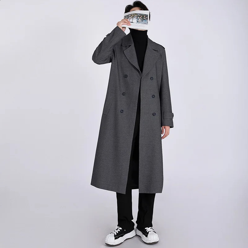 Fashion Autumn Winter Men Trench Coat British Style Double breasted Long Windbreaker Warm Outwear Grey Jacket 240822