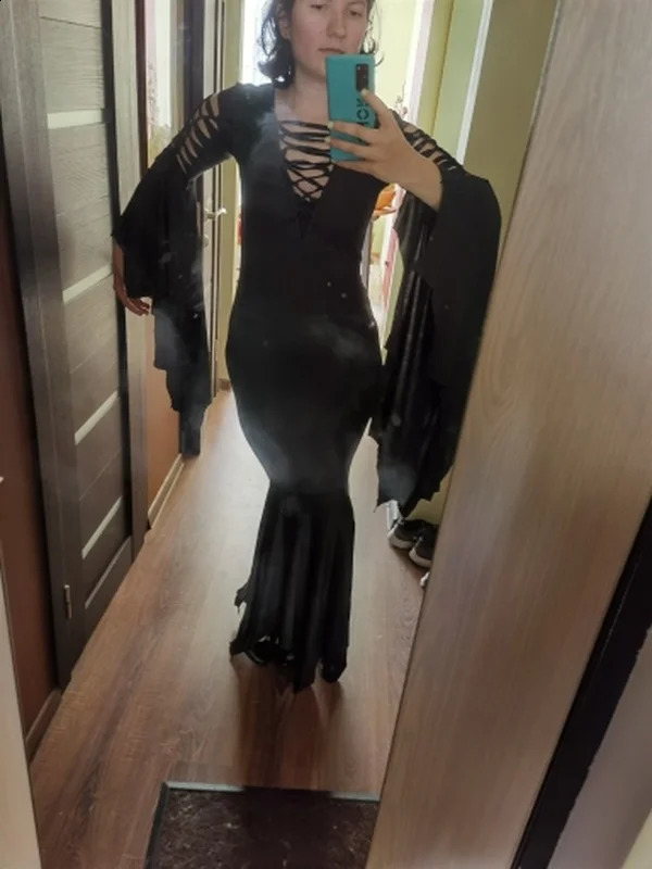 S-5XL sexy witch ghost Halloween costume Morticia Addam Gothic Maxi dress pagan elf black lace womens dress 240823