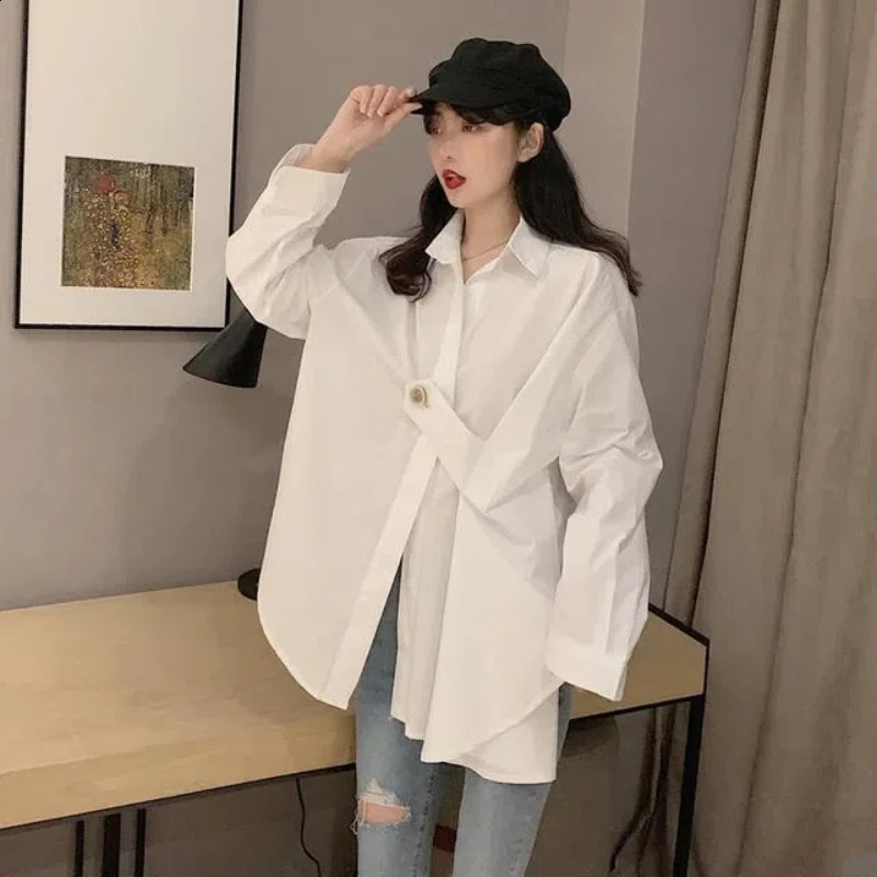 Irregular white loose trend shirt spring long sleeved polo neck solid fashion top street casual womens clothing w240824