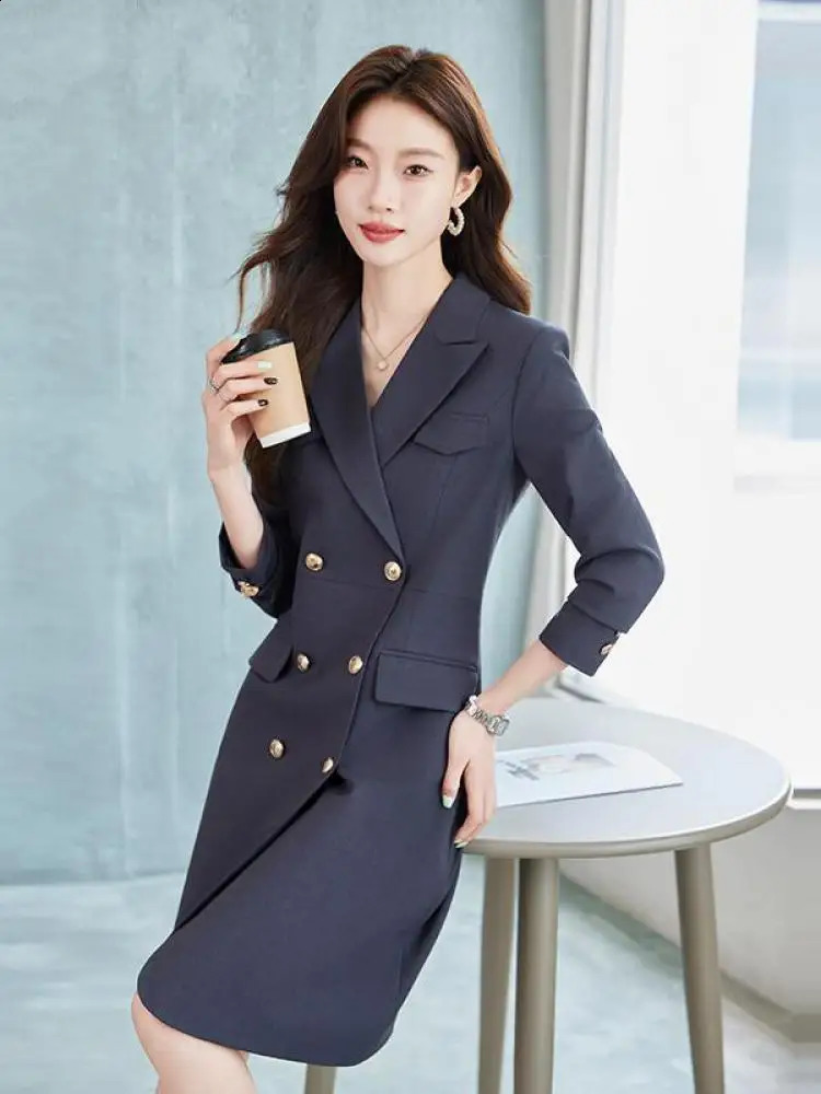Black Blue Elegant Festival Pleated Blazer Dress Women Spring Autumn Gray Temperament Office Double Breasted Midi Dress 240822