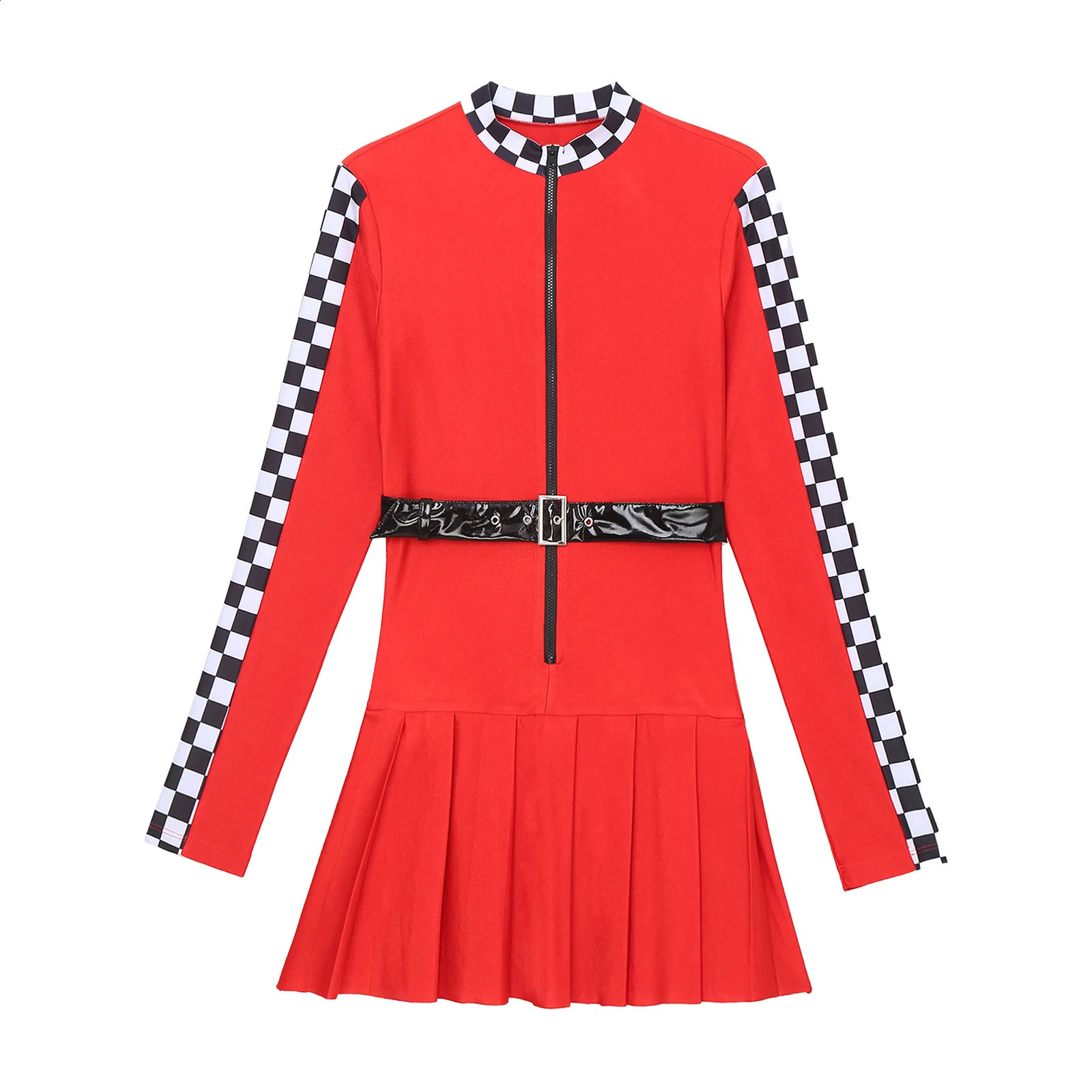 Womens checkered racing dress with long sleeves zippered pleats drivers Halloween themed party roleplaying costume w240824