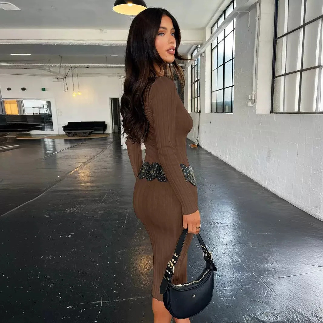 Womens Summer Dress Minimalist Ribbed Knitted Long-sleeved French Long Skirt With Waist And High-end Feel 240823