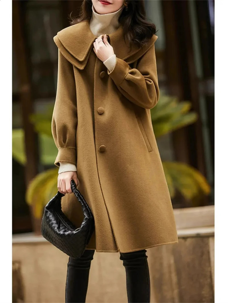 Womens Wool Coat Autumn Winter Korean doll Double layered collar Mid length Single breasted Femme Woolen Outerwear 240822