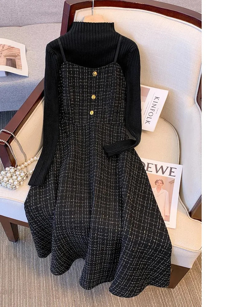 Autumn Winter Two Piece Sets For Womens Outfit Office Ladies Temperaament Korea Casual Knitted Sweatertweed Dresses Sets 4XL 240823