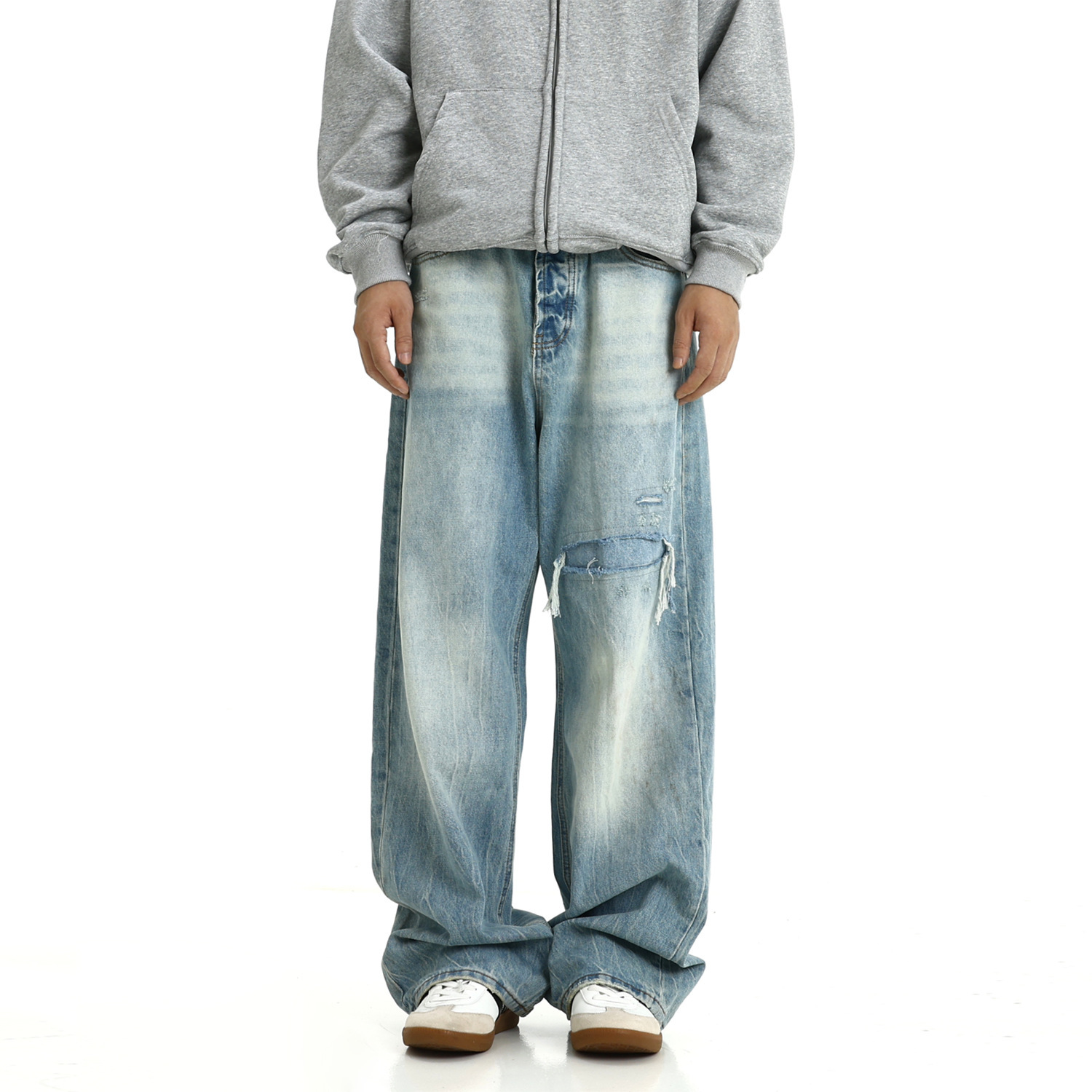 American Ice Blue Straight Leg Jeans Summer New Vintage Washed and Worn Loose Pants