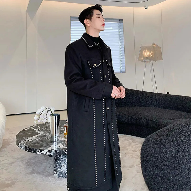 Trenchcoat Men Rivet Woolen Single-breasted Long Trench Coat Man Streetwear Vintage Punk Gothic Motorcycle Jacket Outerwear 240822