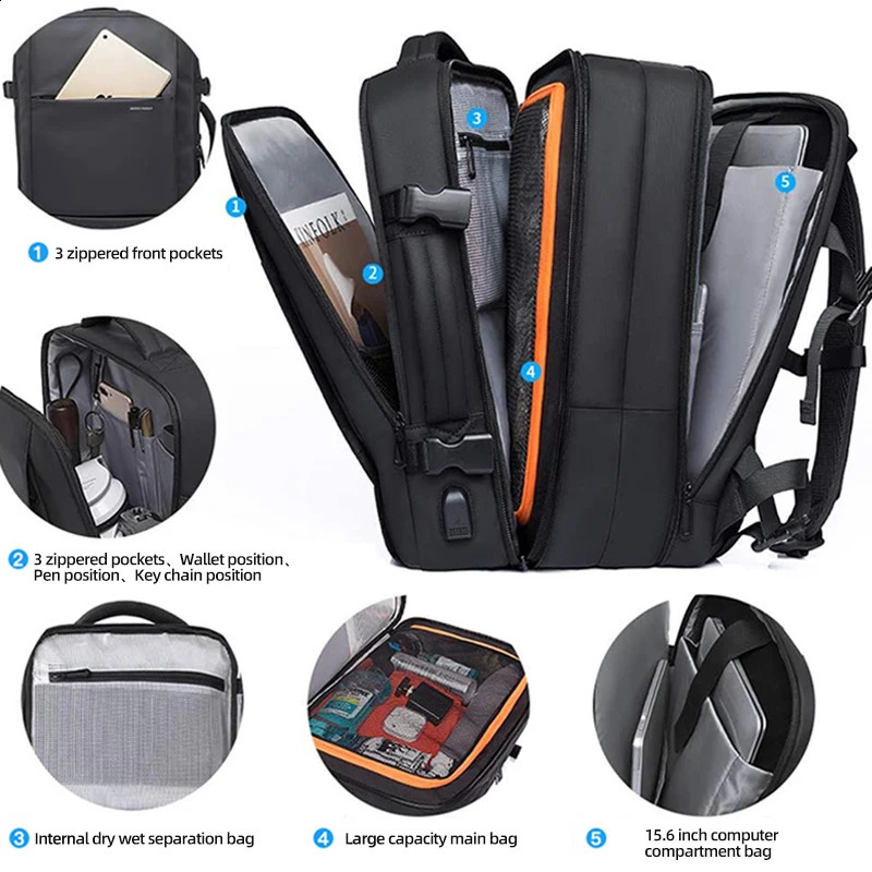 Heroic Knight Travel Men Business School Expandable USB Large Capacity 15.6 Laptop Waterproof Backpack Bag 240822CJ