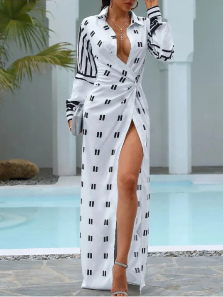 Elegant Party Long Dress Women Sexy V Neck Long Sleeve Print Lace-up Split Dresses Spring Autumn Lady Slim Shirt Dress 240823