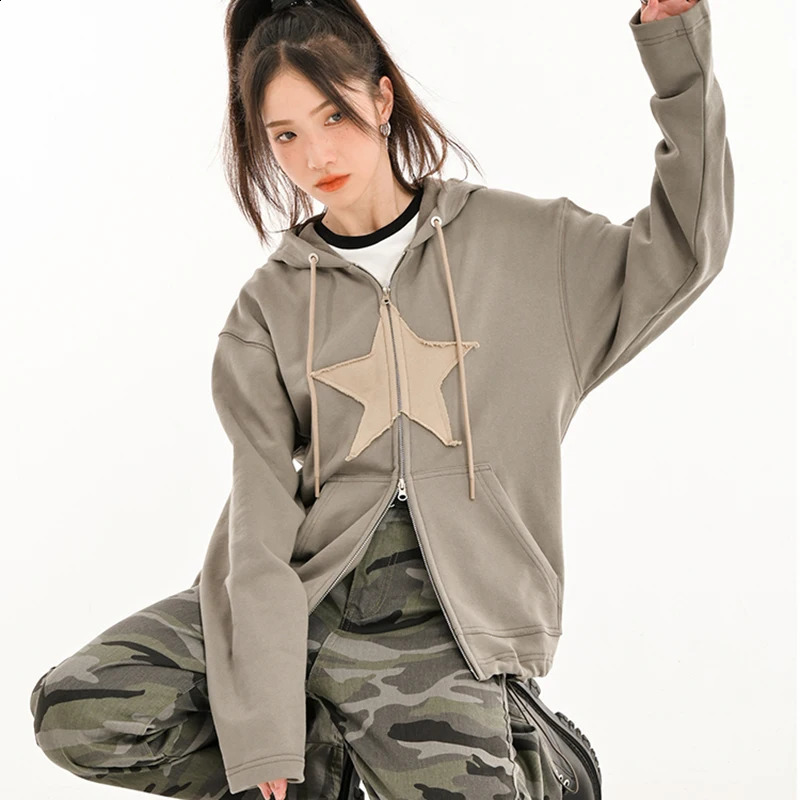 Womens Sweatshirt Y2k Hip Hop Zip up Hoodie Star Patch Cotton Mens Loose Tops Harajuku Punk Gothic Clothes Grunge Casual 240823