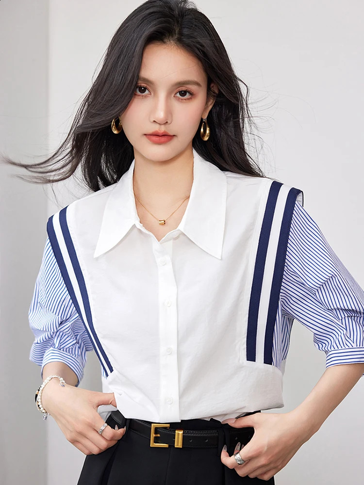 French elegant office womens shirt spring striped contrasting color long sleeved temperature ultrathin top 240822