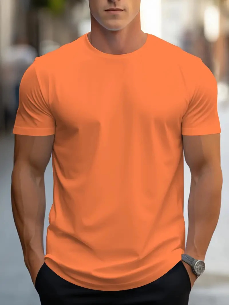 Mens Simple Solid Color Printed Short Sleeve Summer Top Street Fashion Round Neck Tshirt Loose 240822