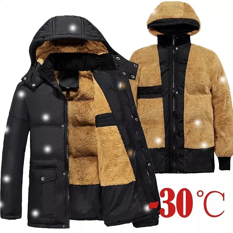 Fur lined warm jacket mens large pocket chiffon sports park outdoor winter thick plus size 240823