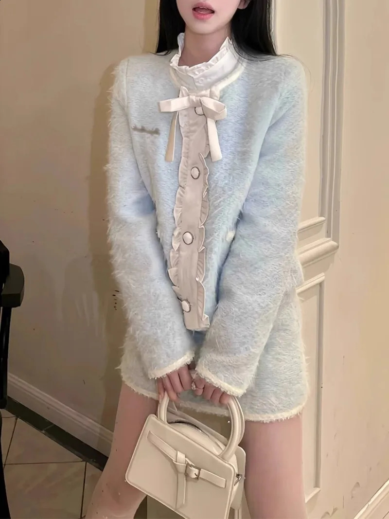 Temperament Fashion Jacket Skirt Two-piece Set Women O-Neck Lace Up Flounce Splice Single Breasted Gentle Blue Slim Spring Suit 240823
