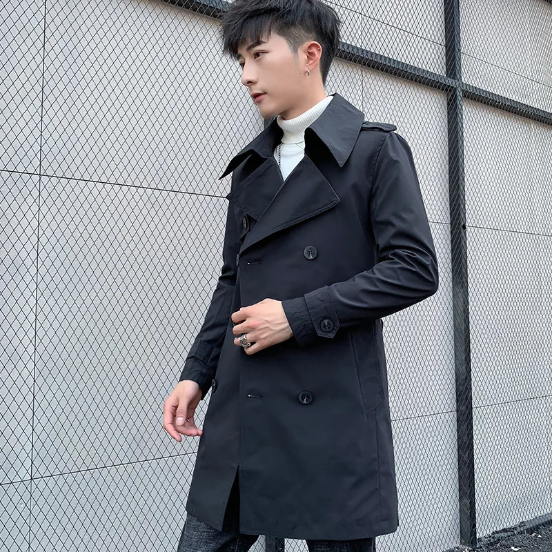 Army Green V-neck Trench Coat Mens Double-breasted Slim Long Jacket Spring and Autumn Windbreaker Grey Khaki Black Overcoat 240822
