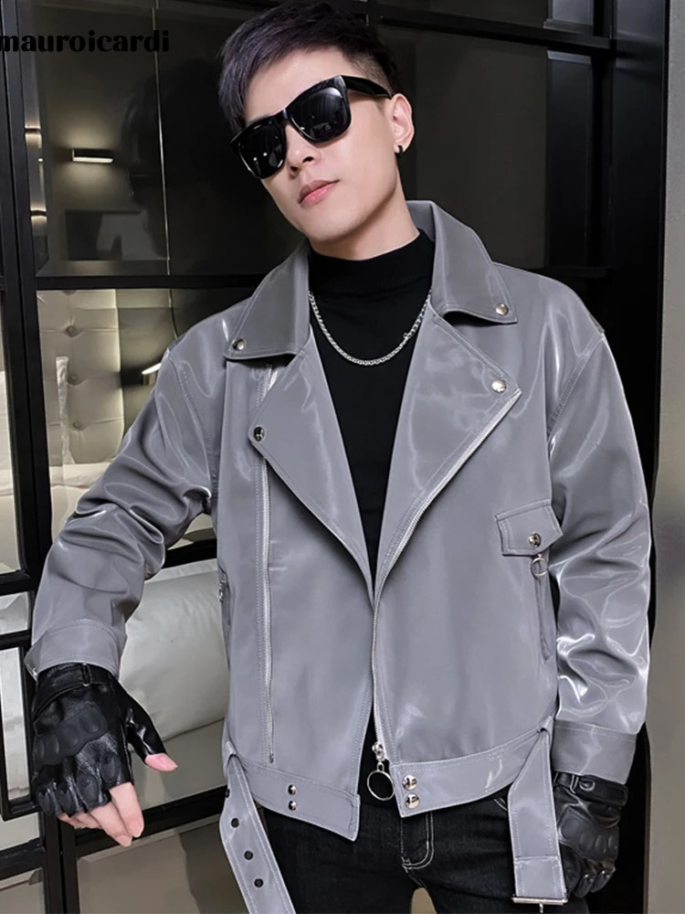 Mauroicardi Spring Autumn Cool Black Shiny Reflective Patent Pu Leather Biker Jacket Men Belt Zipper Plus Size European Fashion 240822