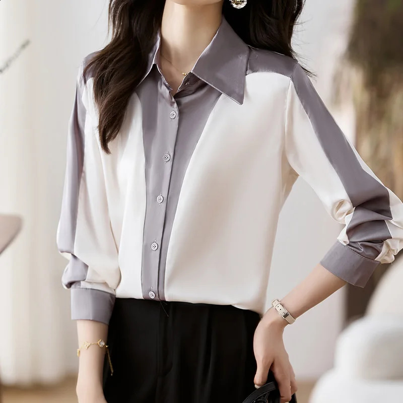 Women Clothing Spring Tops Long Sleeve Patchwork Chiffon Shirts Chic Contrast Office Korean Fashion Casual Blouse Female 240823