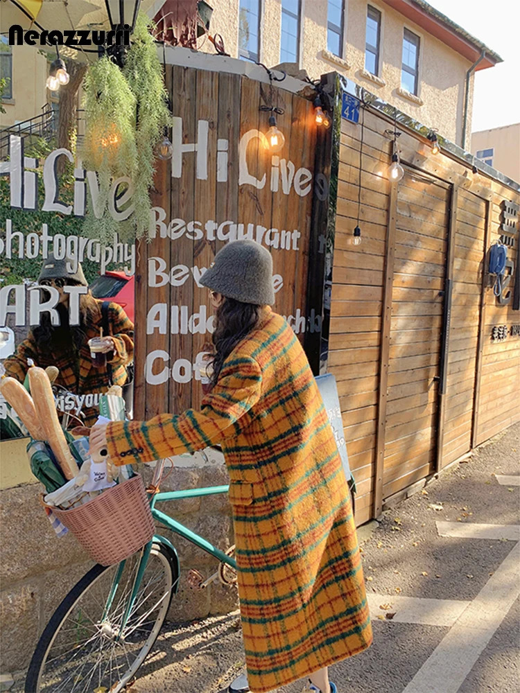 Nerazzurri Autumn Winter Long Loose Casual Colorful Thick Warm Soft Plaid Woolen Coat Women Double Breasted Korean Fashion 240822