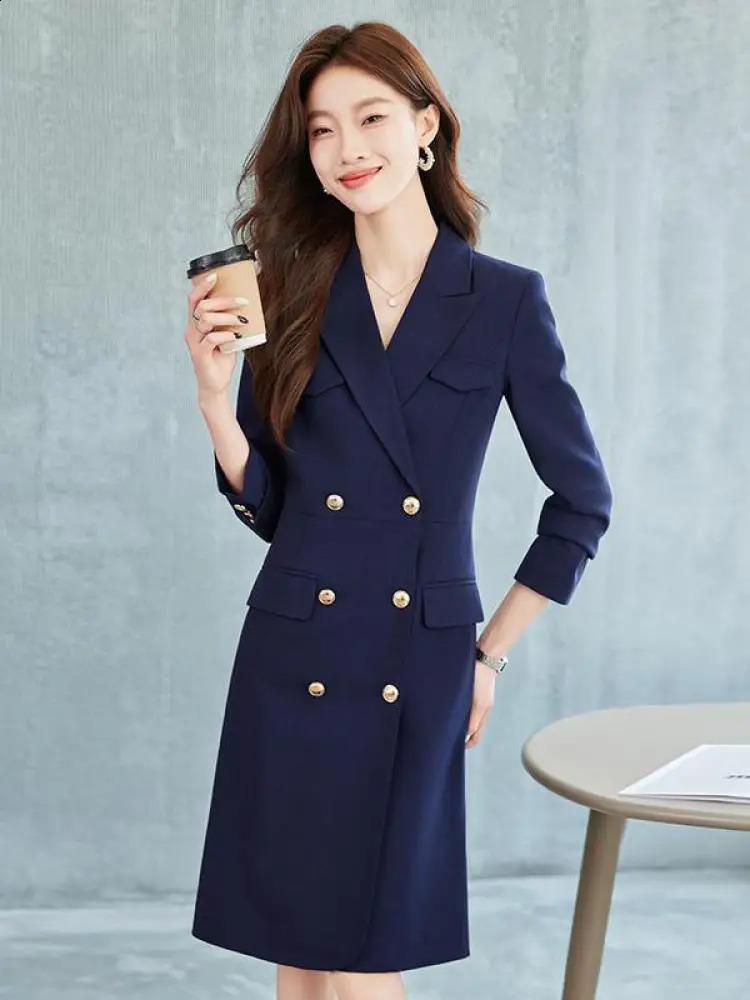 Black Blue Elegant Festival Pleated Blazer Dress Women Spring Autumn Gray Temperament Office Double Breasted Midi Dress 240822