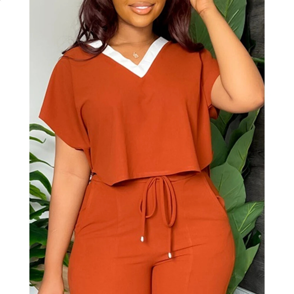 Summer Womens Contrast Paneled V-Neck Short Sleeve T-shirt Top and High Waist Pants Set Tight Street Clothing New Underwear 2024 240823