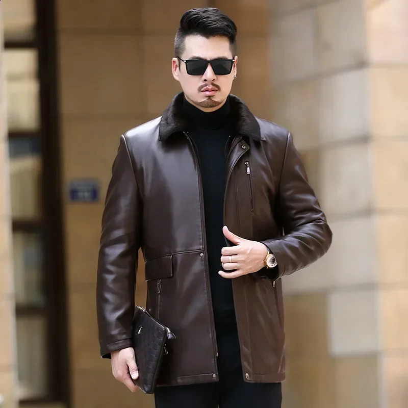 Mens Sheepskin Genuine Leather for Middle-aged and Elderly Men Plush and Thickened Winter Warm Mid Length Jacket 240822