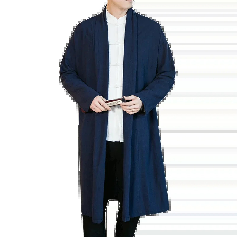 Chinese Style Mens Robe Cloak Loose Linen Cardigan Jacket Fashion Streetwear Solid Color Casual Loose Mid-length Trench Coat 240822