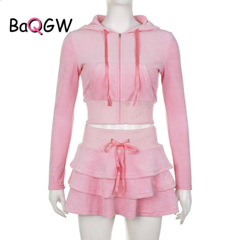 Sweet Korean Style Pink Zipper Hoodie and Tiered Mini Skirt Two Piece Set Women Sweet Y2K A-line Skirts Sweatshirts Suit Autumn 240823
