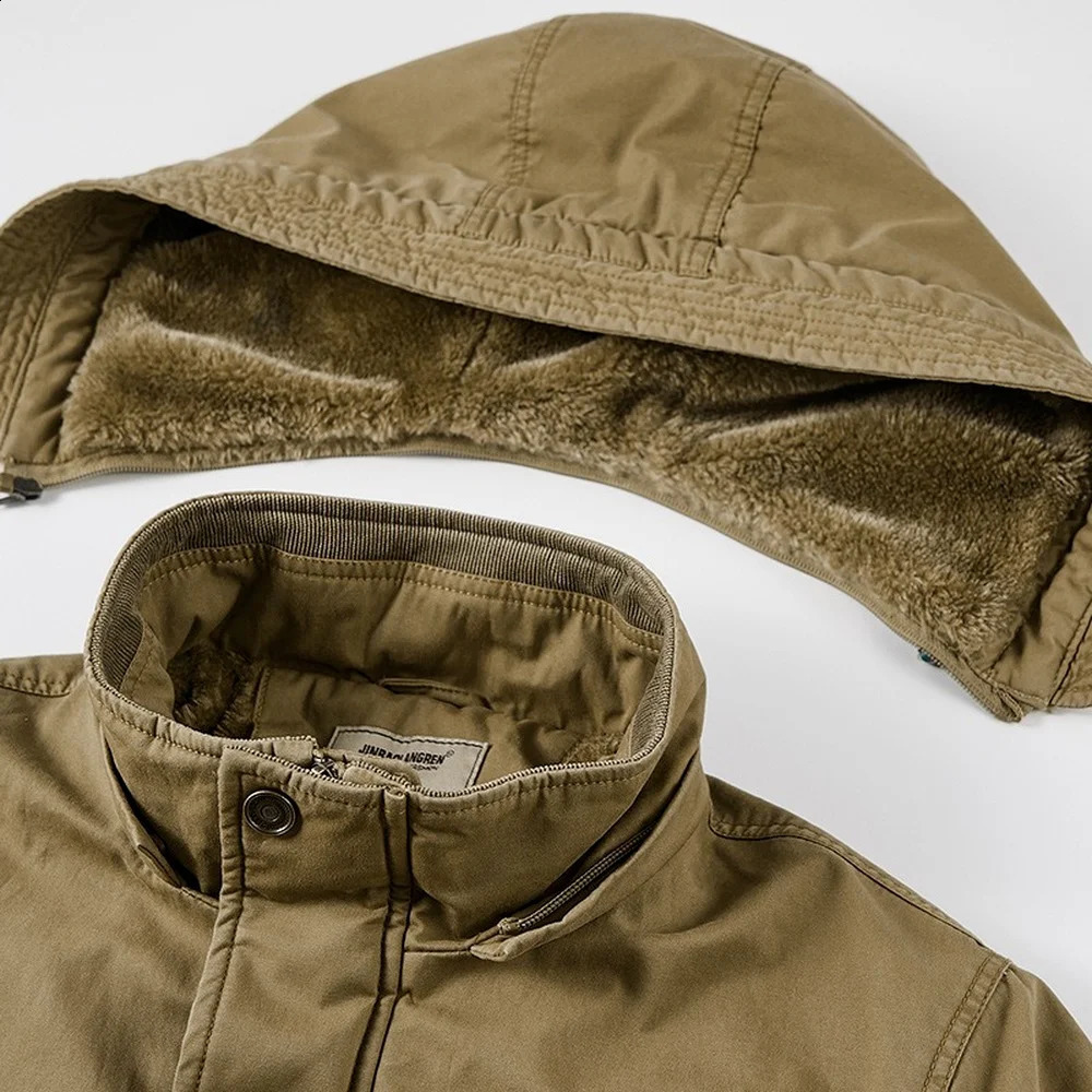 Mens outdoor jacket with detachable hood Casaul autumn and winter military mens hooded Parka wool lining thickened warm 240822