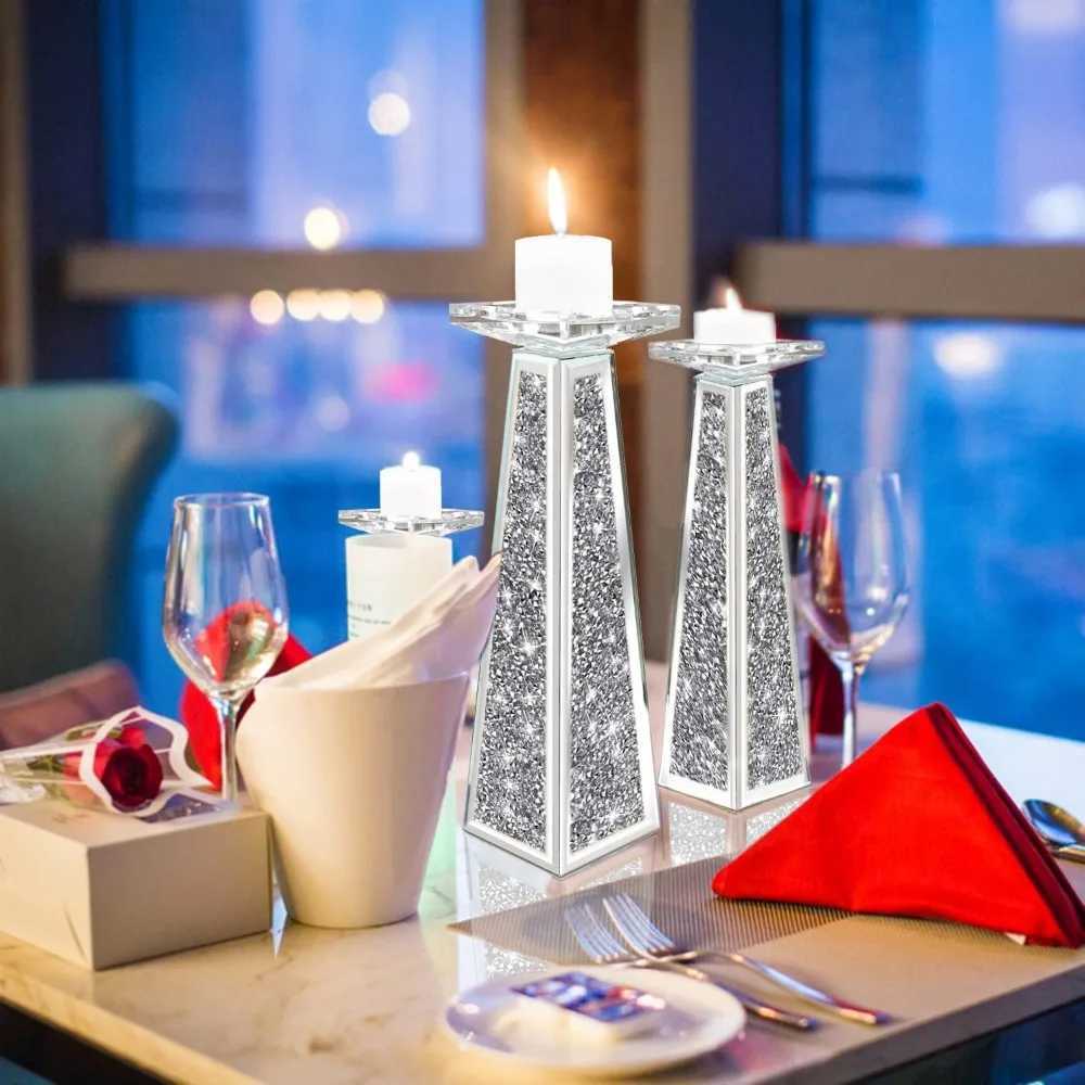 2 Piece Candlestick Holding Pillar Candles Crystal Crushed Dia Candle Holders Set Decor for Dinning Room Holder Y240823