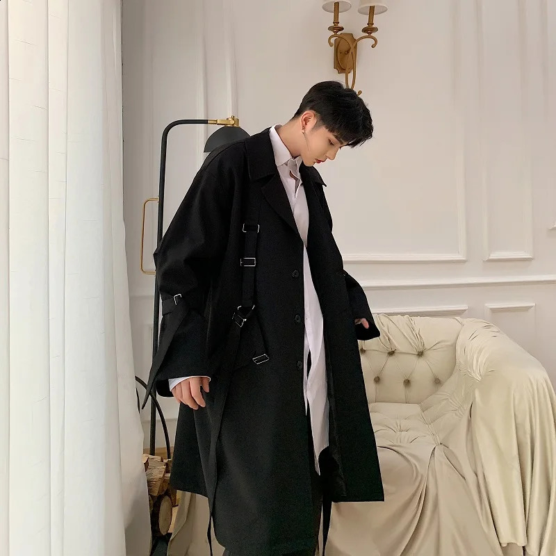 Autumn Winter Techwear Hip Hop Adjustable Strap Trench Coat Mens Korean Fashion Long Jacket Street Casual Overcoat 240822