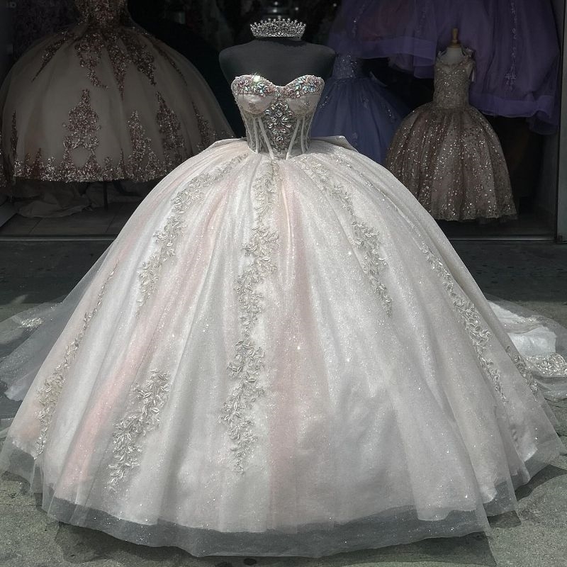Beige Shiny Mexican Quinceanera Dressess Luxury Off The Shoulder Applique Lace Beads Crystal Tull Corset Lace Up vestido 15 quinceaneras