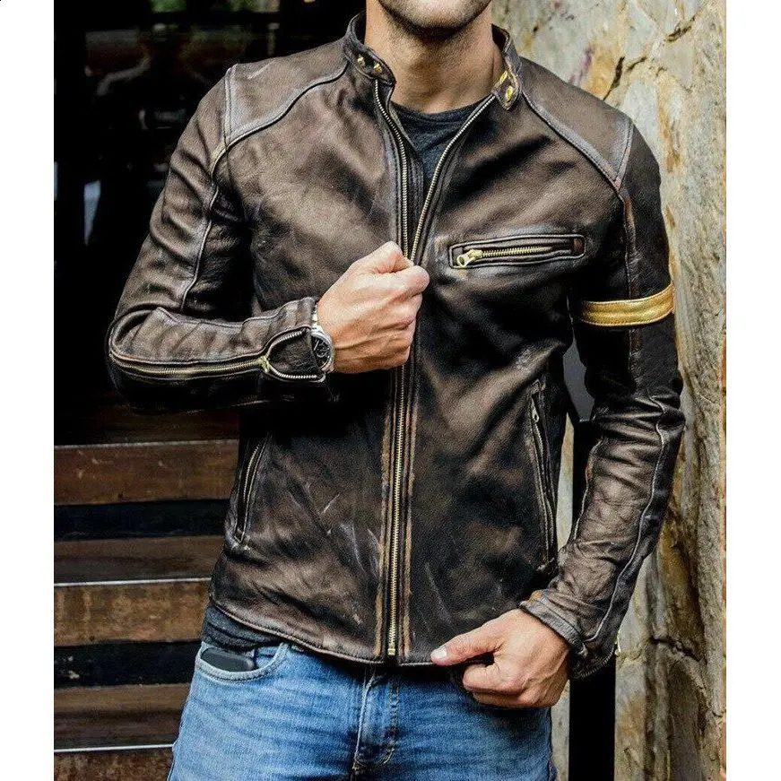 Fall Mens Retro Leather Jacket Trendy Handsome Riding Locomotive Windproof Jacket High Street Slim Fashion Mens Clothing 240822