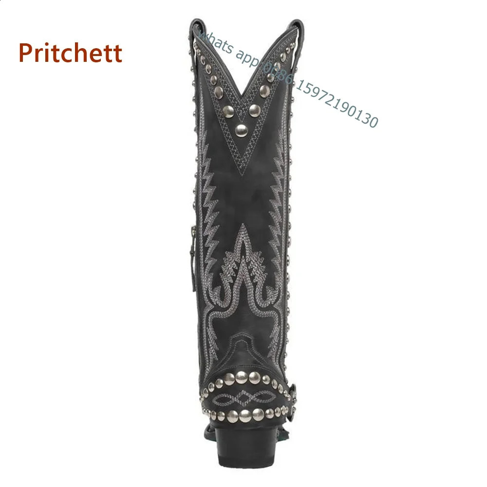 Rivet Embroidered Cowboy Boots with Toe Zipper Adult Womens Knight Boots Metal Decorative Punk Square Boots Winter Casual Shoes 240823